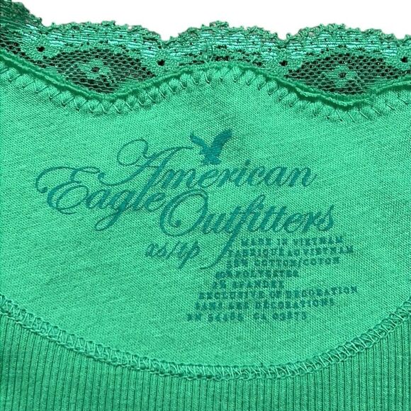Y2K Vintage Tank Top Woman's XS American Eagle Green Lace Trim Eagle Logo Ribbed - Picture 8 of 10
